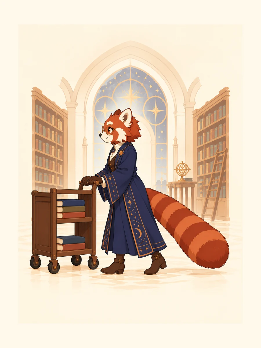Prepared red panda astronomy librarian study: the book-cart route; indigo robe, round glasses and copper-star identity anchors.