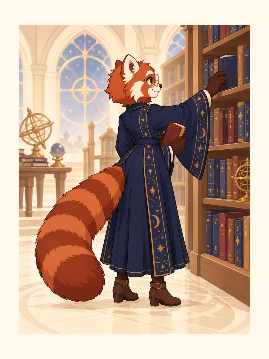 Prepared red panda astronomy librarian study: back in the stacks; indigo robe, round glasses and copper-star identity anchors.