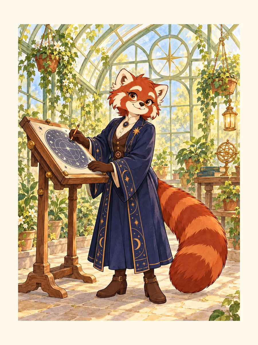 Prepared red panda astronomy librarian study: watercolor study; indigo robe, round glasses and copper-star identity anchors.
