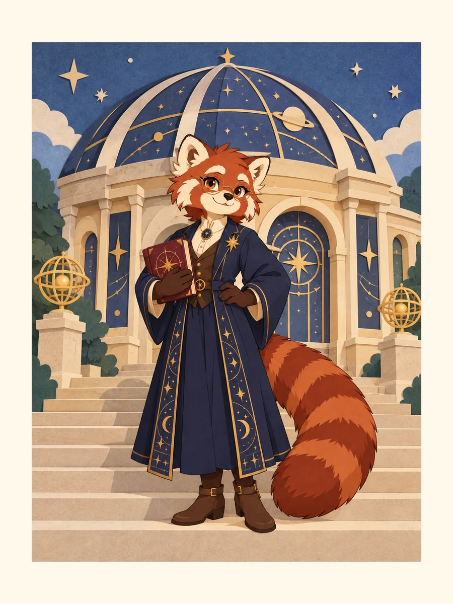 Prepared red panda astronomy librarian study: cut-paper study; indigo robe, round glasses and copper-star identity anchors.