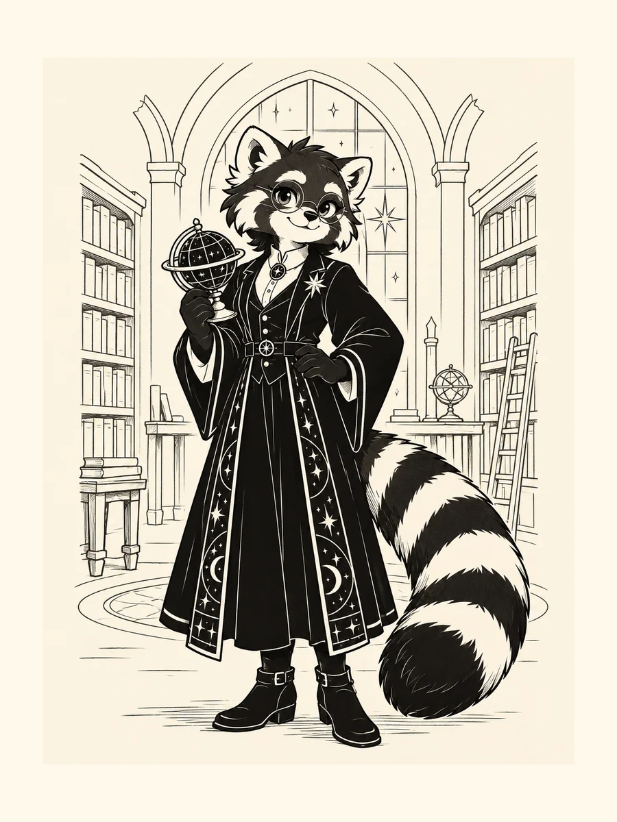 Prepared red panda astronomy librarian study: graphic-ink study; indigo robe, round glasses and copper-star identity anchors.