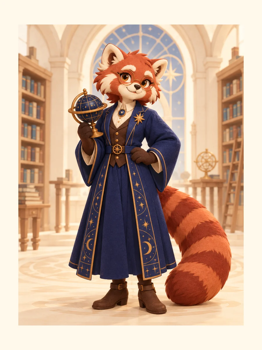 Prepared red panda astronomy librarian study: a tactile illustration; indigo robe, round glasses and copper-star identity anchors.