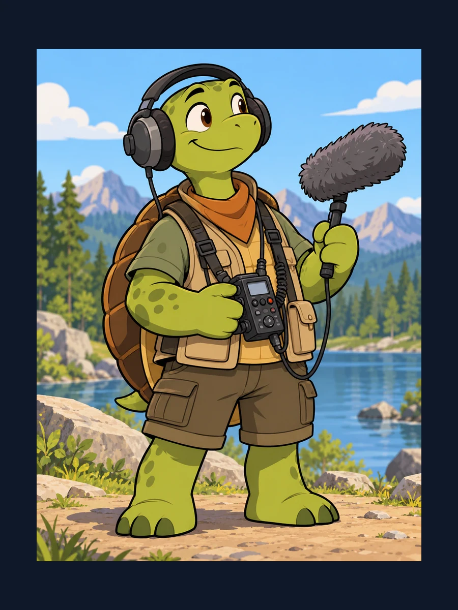 Tortoise sound engineer with complete headphones and equipment silhouette.