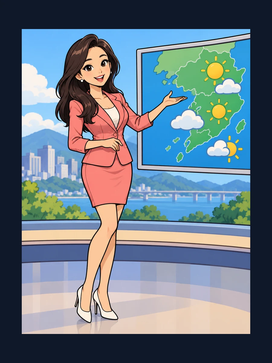 Adult East Asian woman weather presenter, original cartoon art direction.