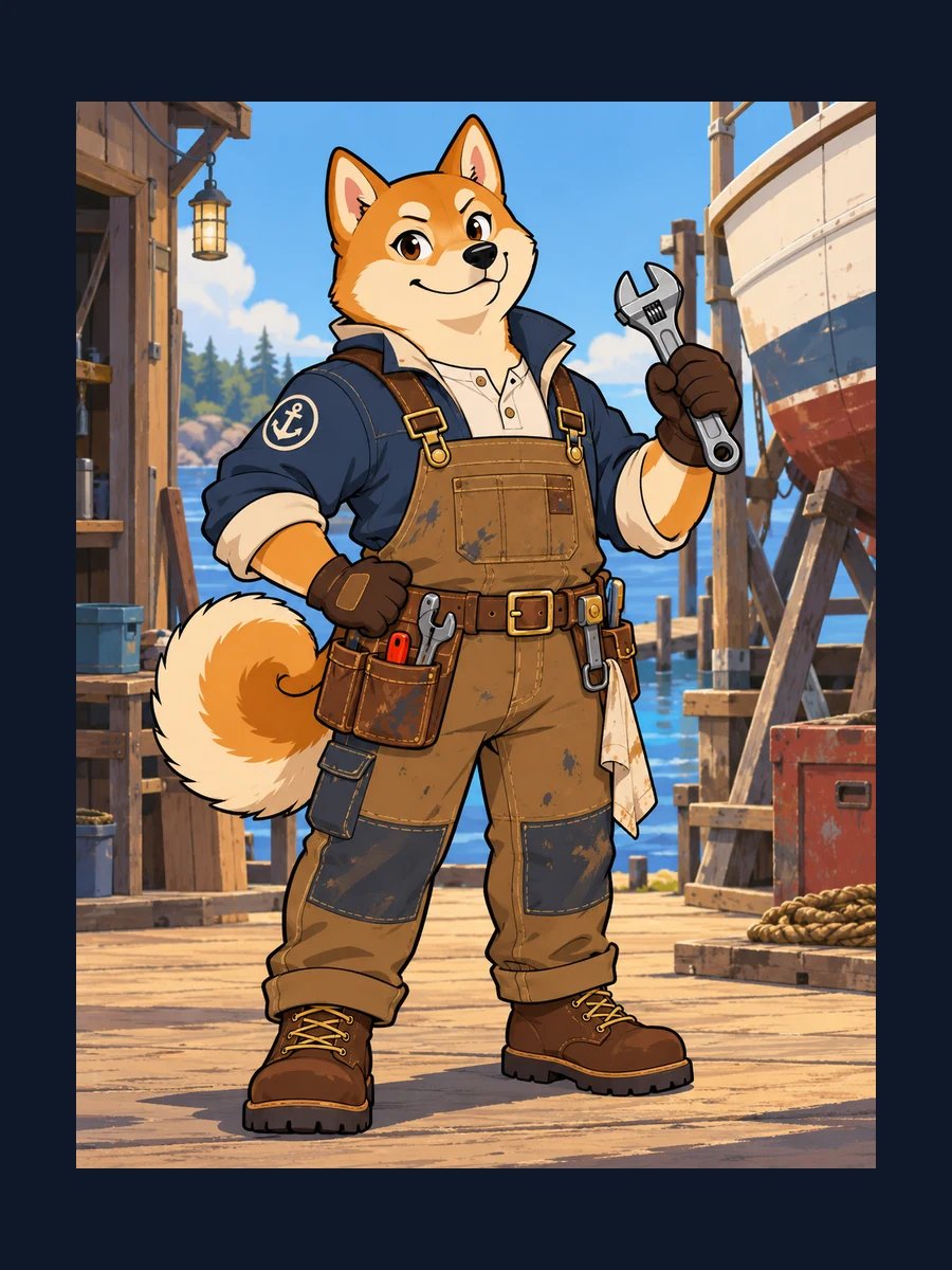 Original Shiba boat repairer in a practical outfit.