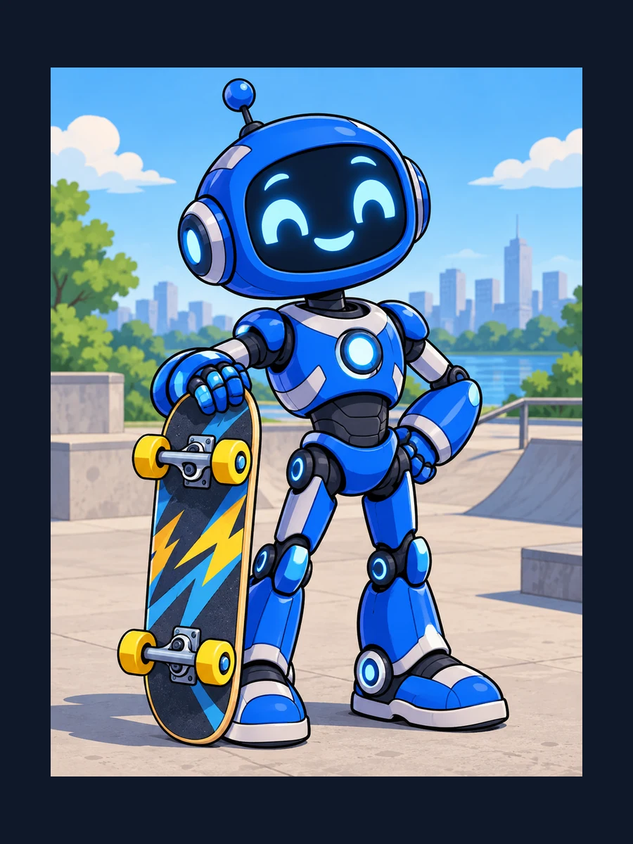 Original cobalt robot skater, complete three-quarter design.