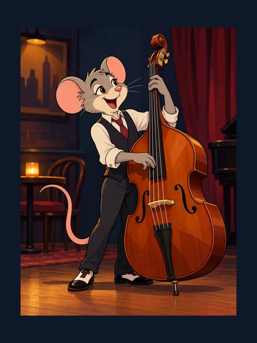 Original mouse jazz bassist with an expressive cartoon face.