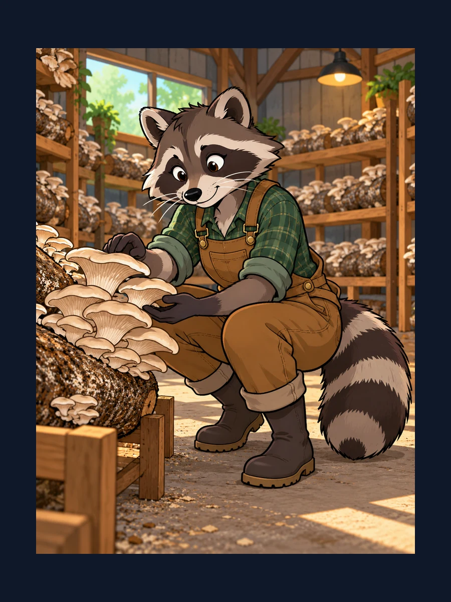 Original raccoon mushroom grower in a distinct growing setting.