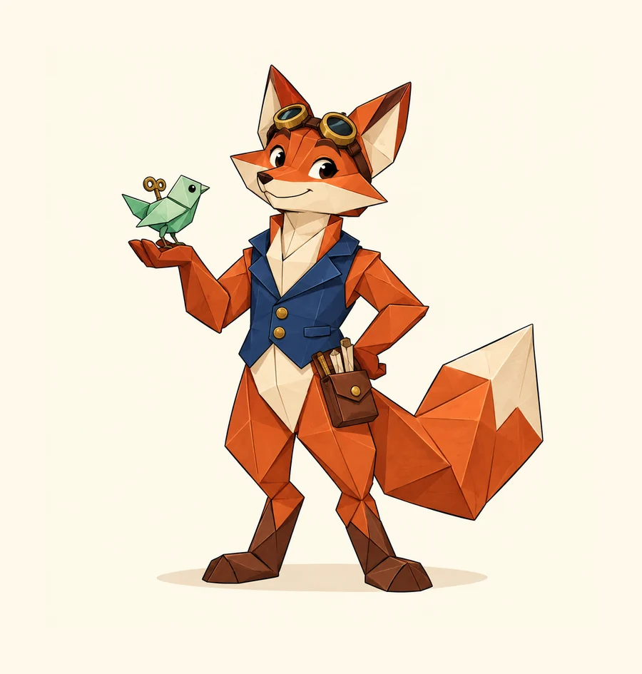 Original origami-inspired fox inventor, prepared text-to-character example.
