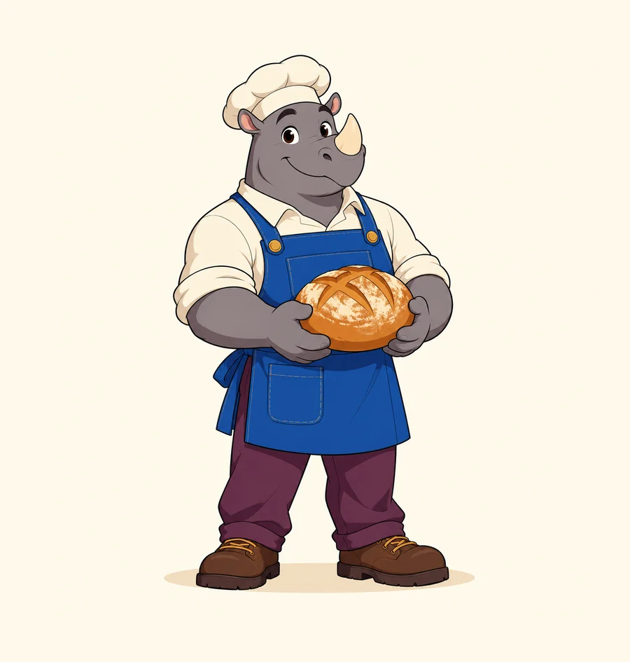 Original rhinoceros baker, prepared character-reference inspiration.