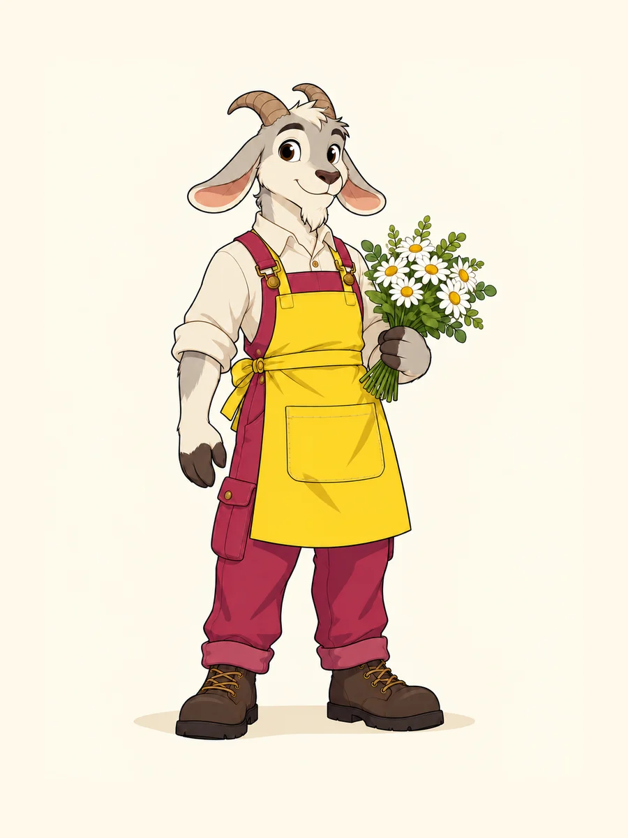 After: the same goat florist wears a yellow apron, with face, raspberry overalls, pose, flowers and setting unchanged.