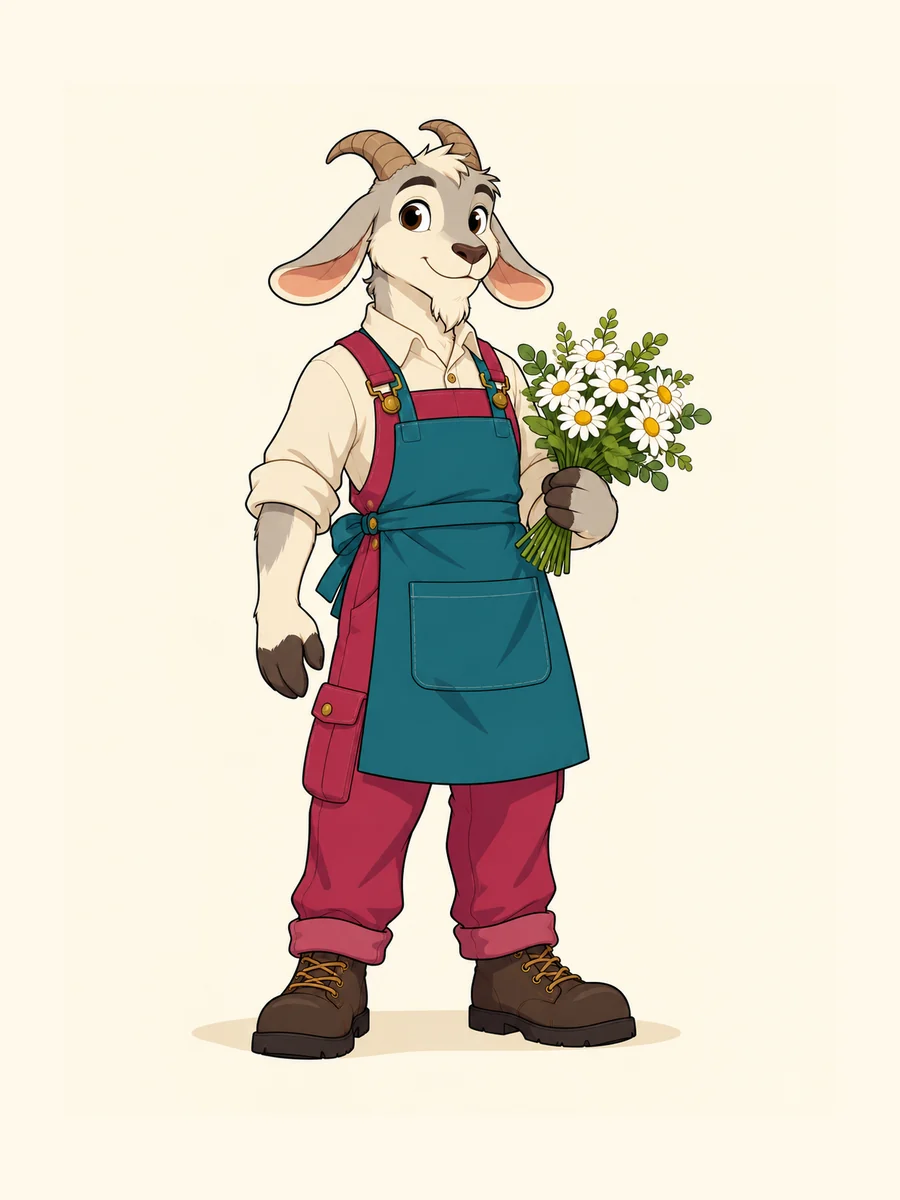 Before: a goat florist in raspberry overalls wears a teal apron.