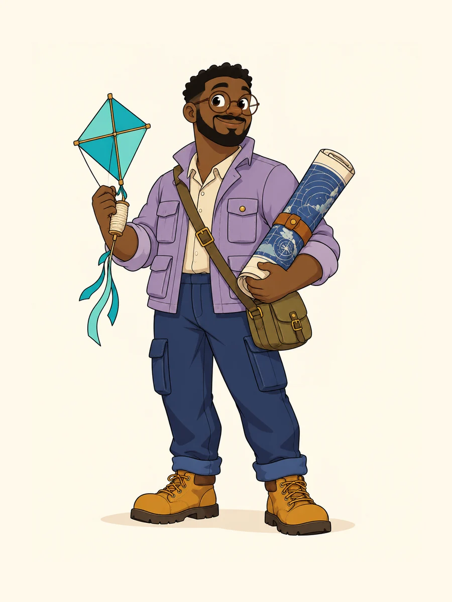 Prepared full-body adult Black weather-kite cartographer in a lavender jacket, carrying a weather kite and map.