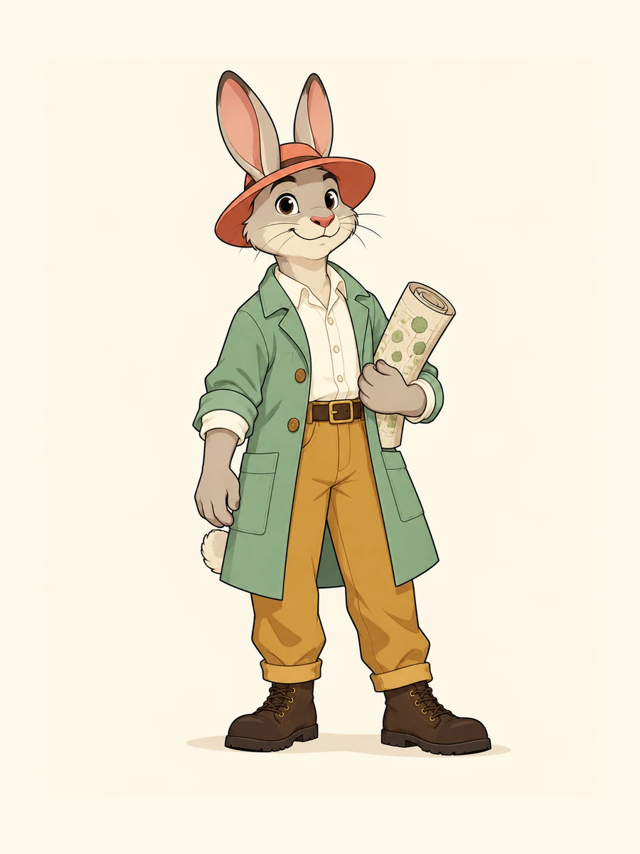 The rabbit garden designer in a mint coat and coral hat, shown full body.