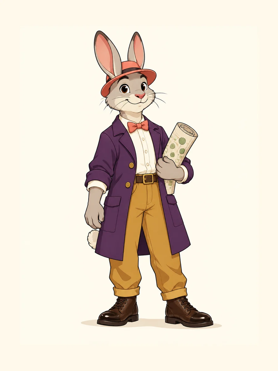 The same rabbit garden designer in a formal outfit, keeping the same face, ears and coral hat.
