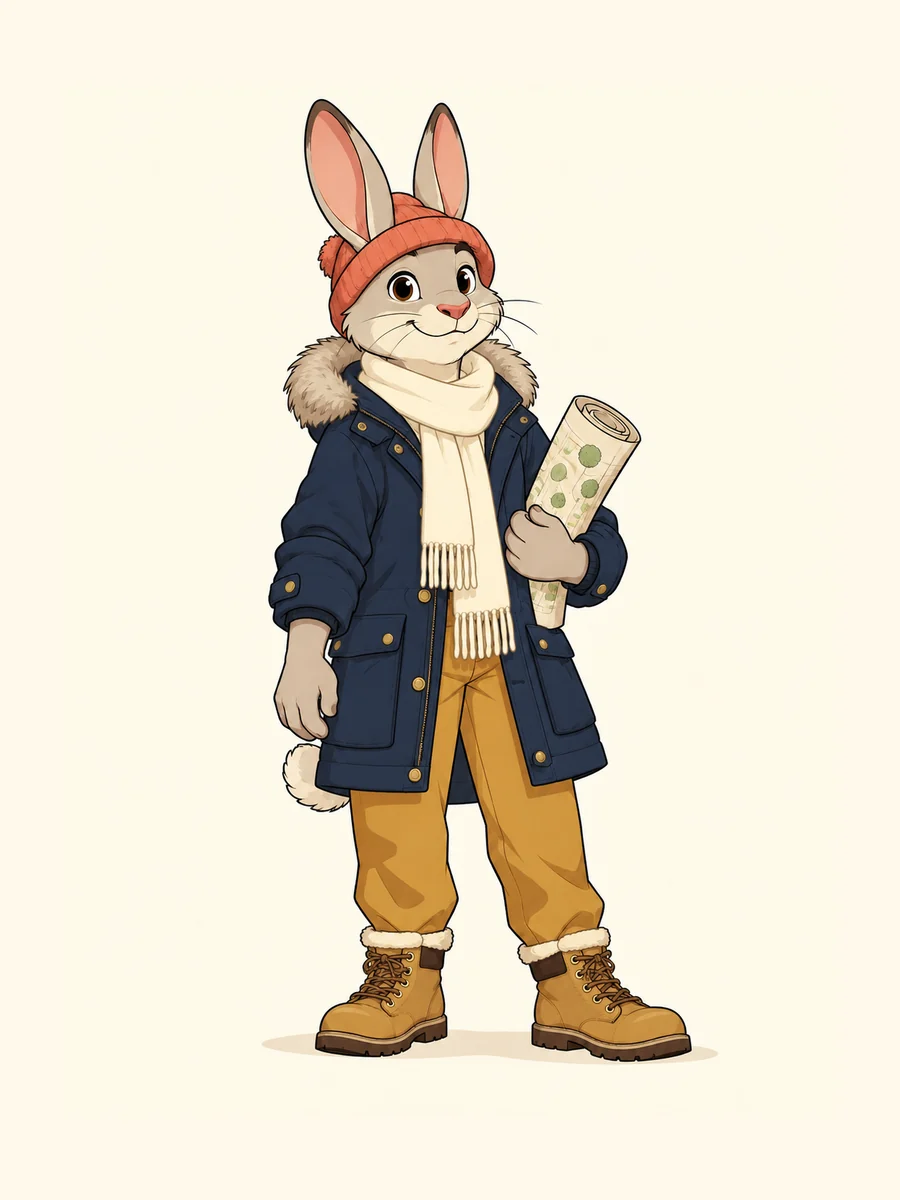 The same rabbit garden designer in a winter outfit, keeping the same face, ears and coral hat.