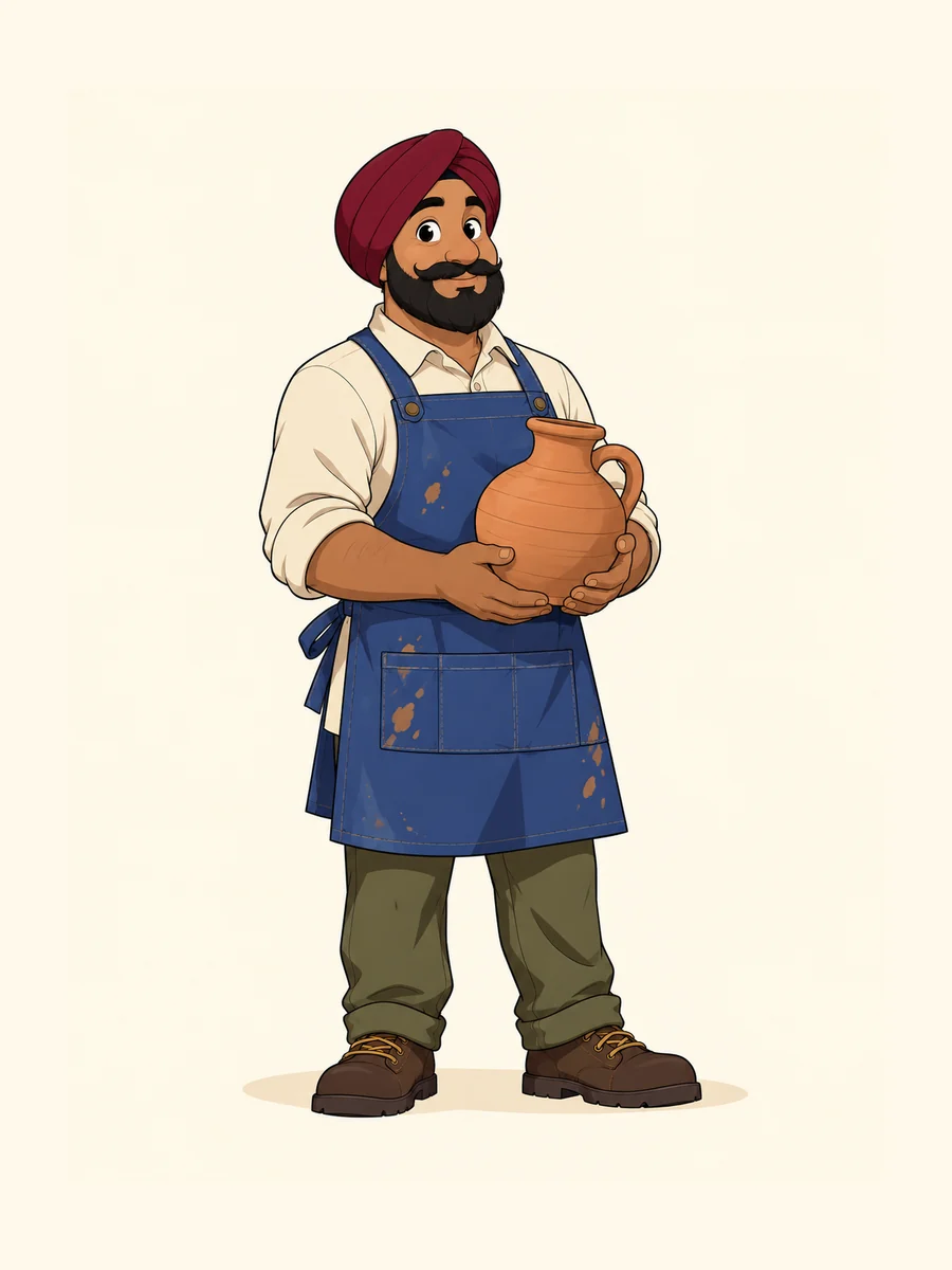 Before: an adult Sikh potter in an indigo smock holds a ceramic jug.