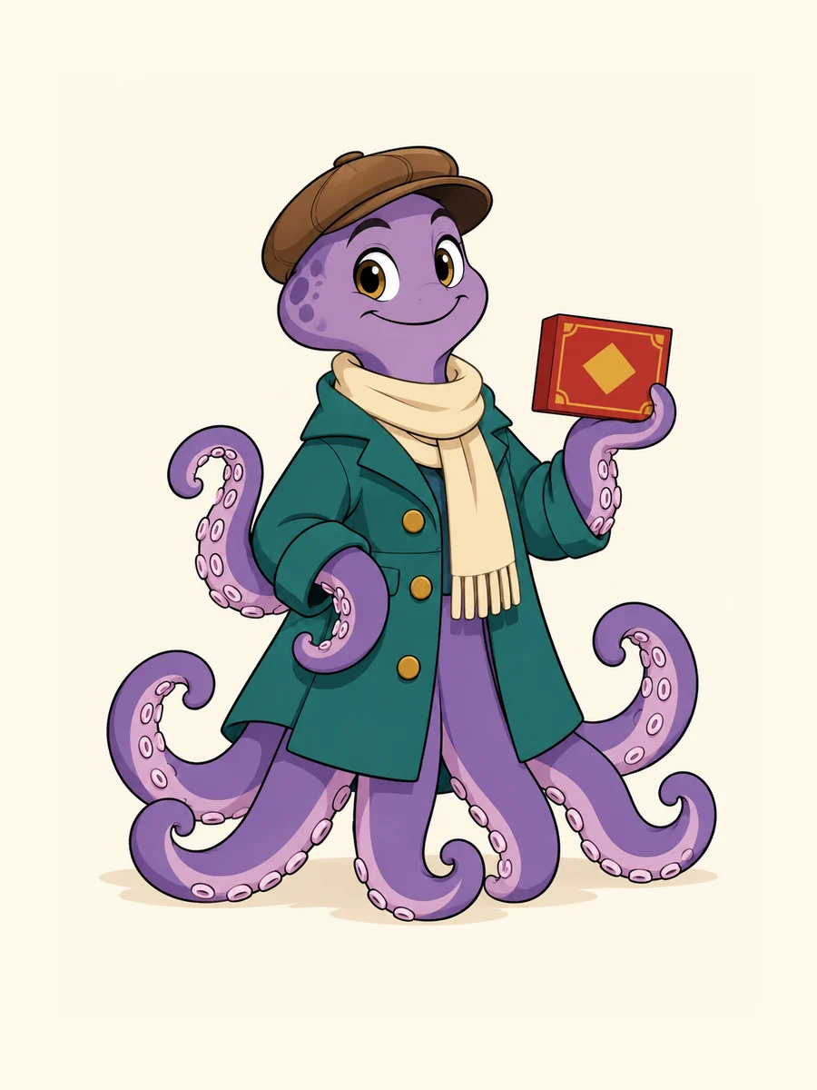 The octopus board-game collector in a brown hat and teal coat, drawn as a 2D cartoon.