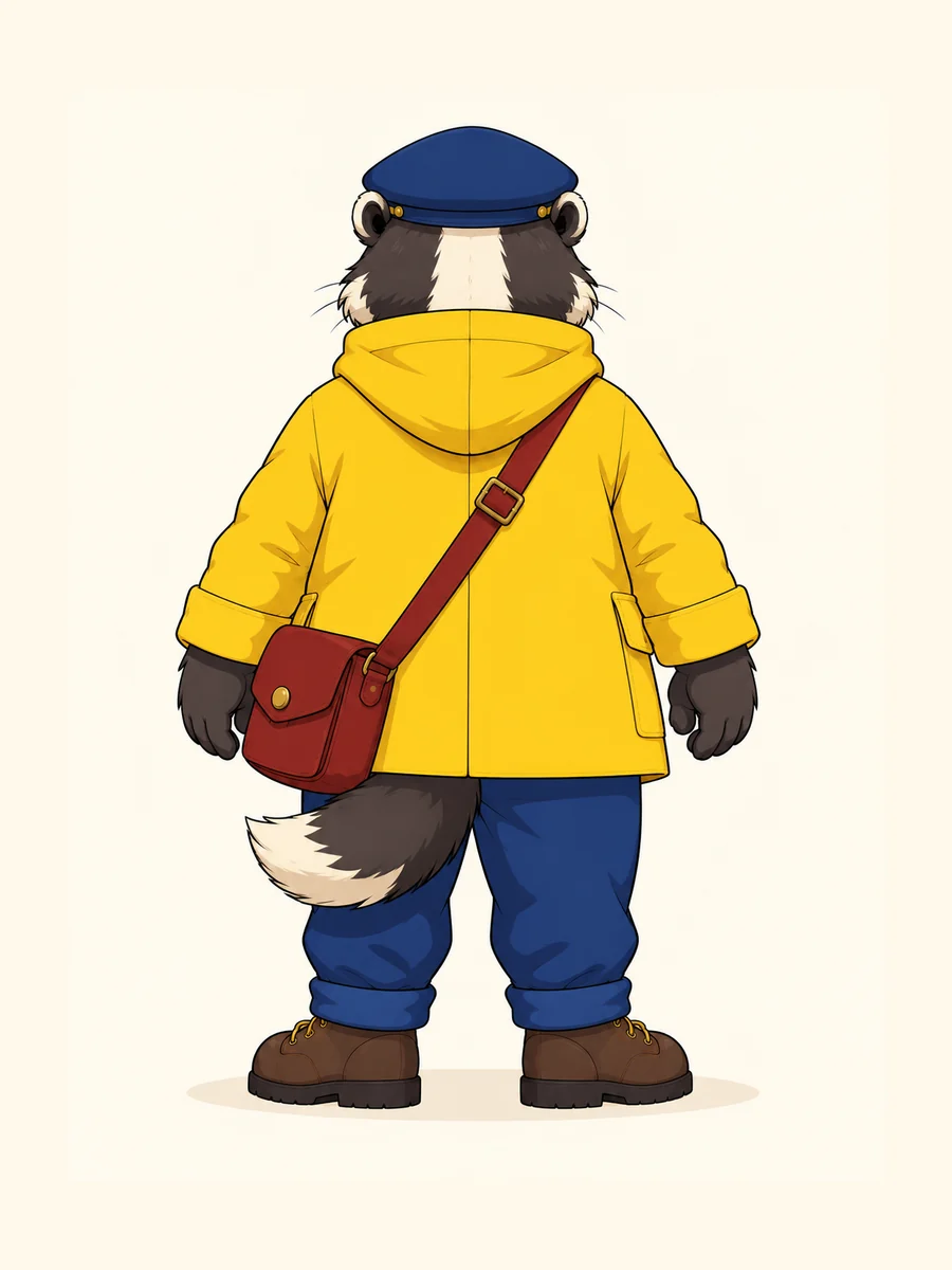 Back view of the same badger night postman in a yellow coat.