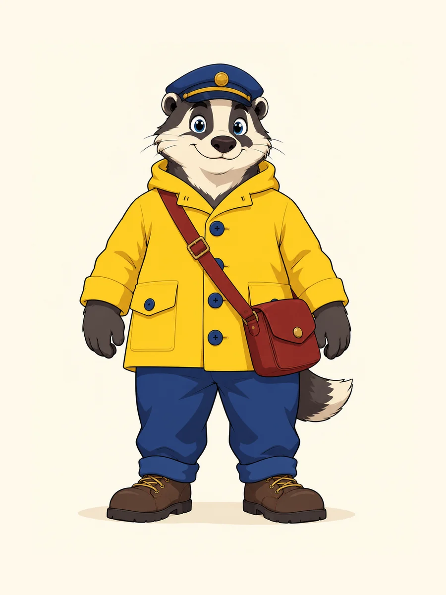 Front view of the same badger night postman in a yellow coat.