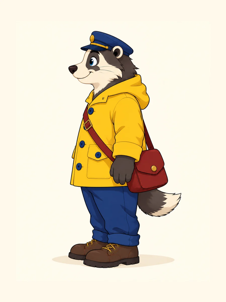 True side view of the same badger night postman in a yellow coat.