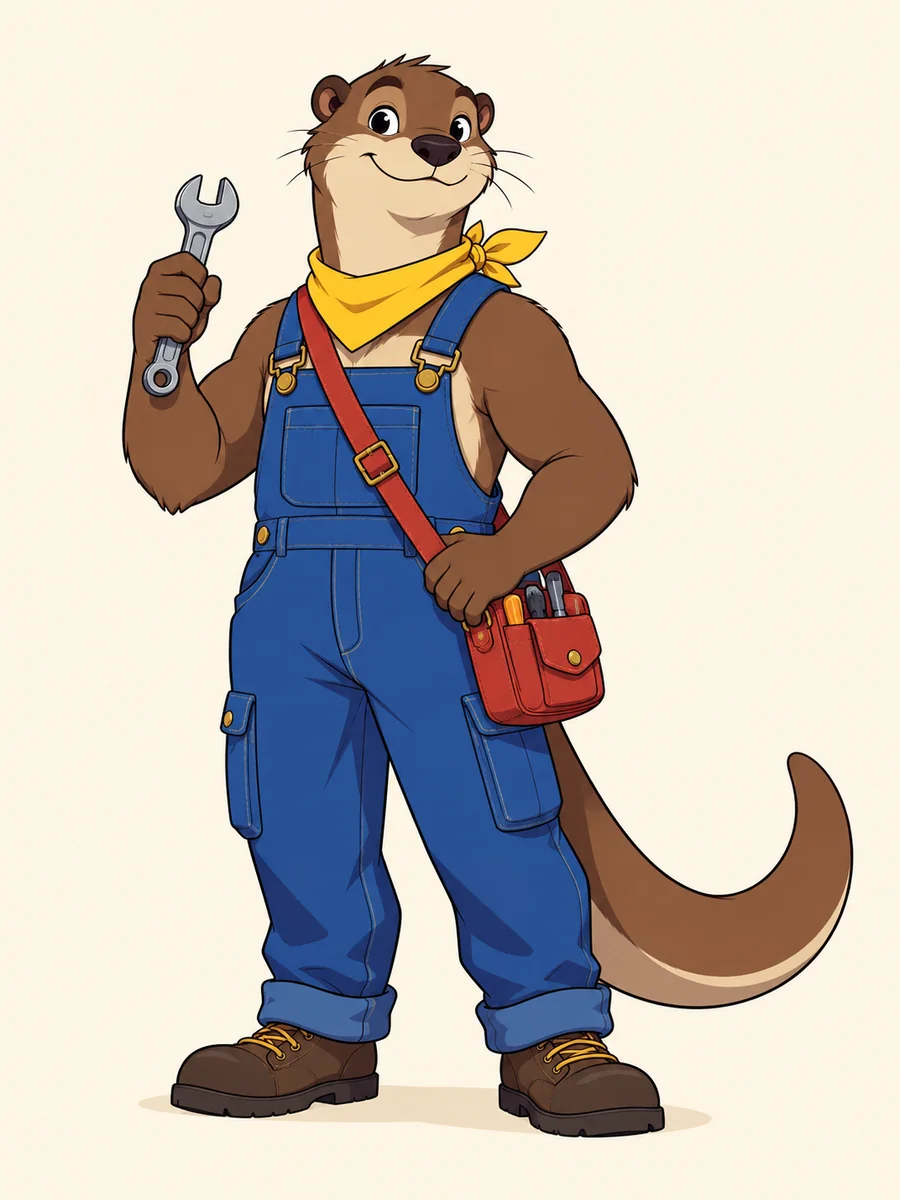 Original 2D otter bicycle mechanic wearing blue overalls and a yellow scarf, carrying a red tool bag and wrench; complete tail and feet visible.