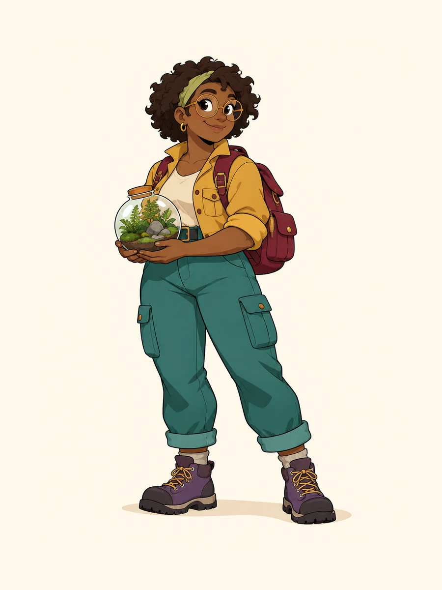 Adult woman terrarium explorer with a distinct equipment silhouette.