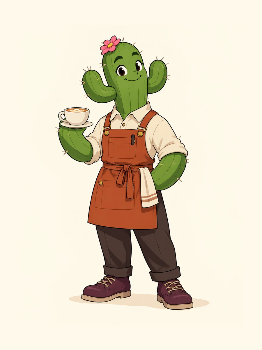 Original anthropomorphic cactus barista with a clear cartoon silhouette.