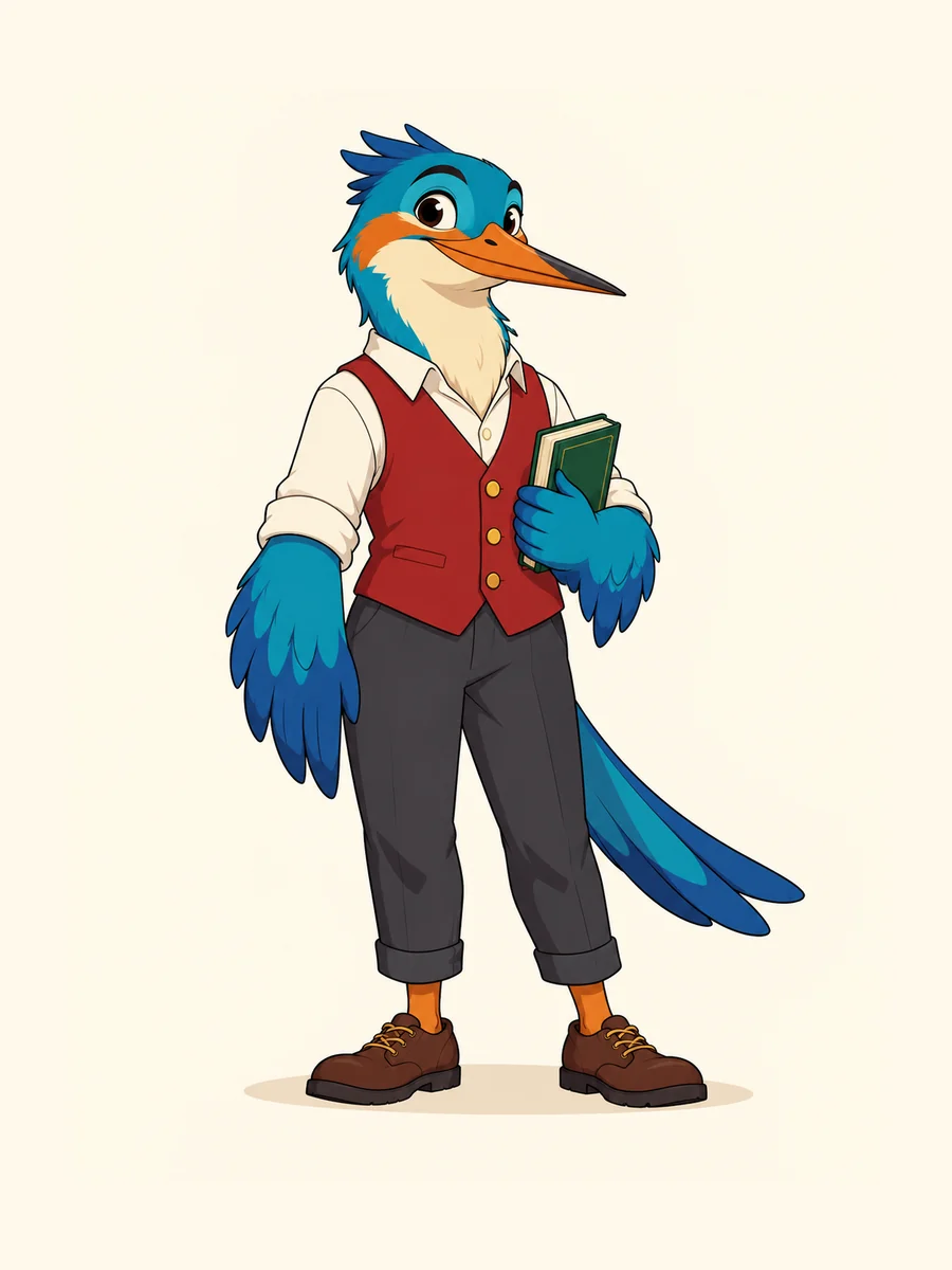 Original kingfisher teacher wearing a scarlet vest.
