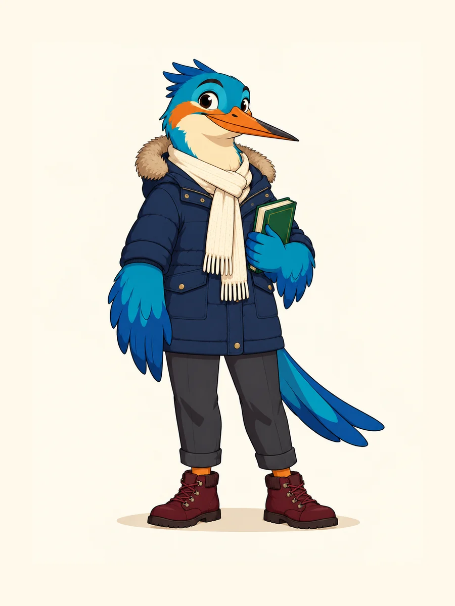 The same kingfisher teacher in a winter outfit.