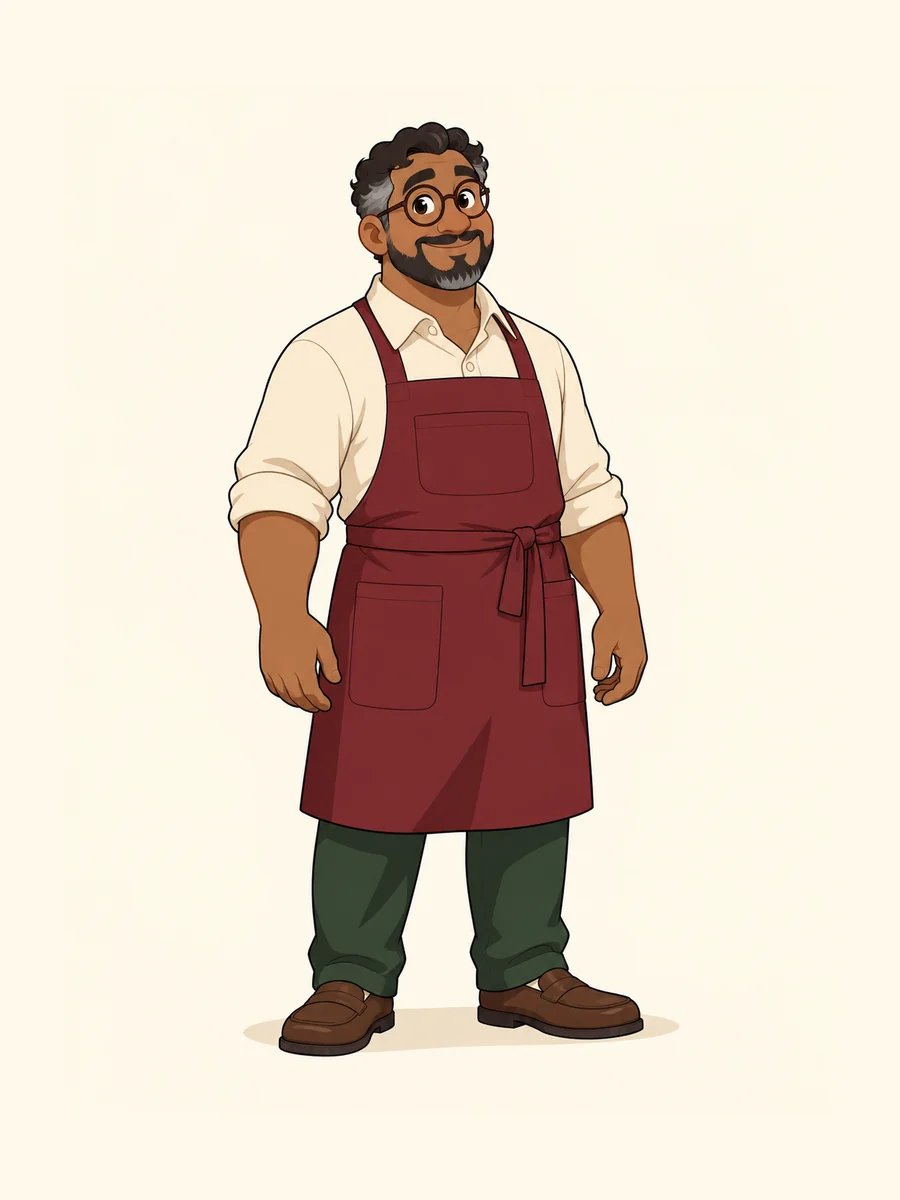 Adult bakery owner with round glasses and maroon apron, standing.