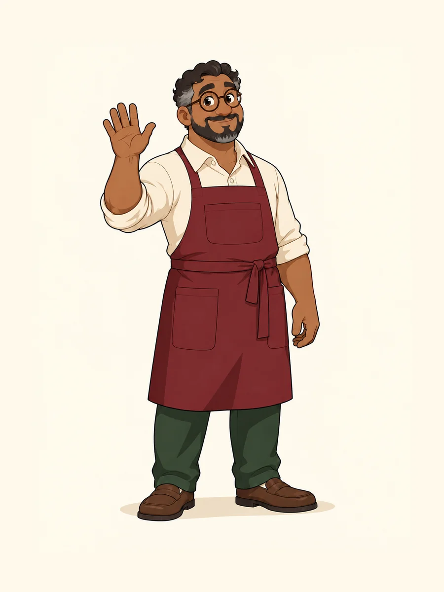 The same bakery owner waving.