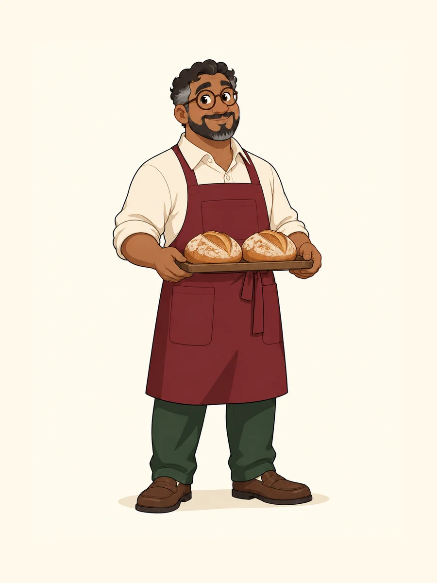 The same bakery owner holding bread.