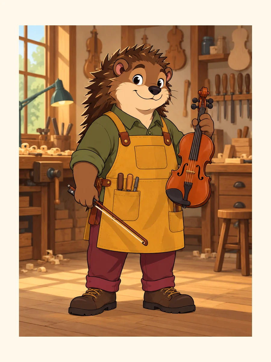 Hedgehog violin maker in a workshop.