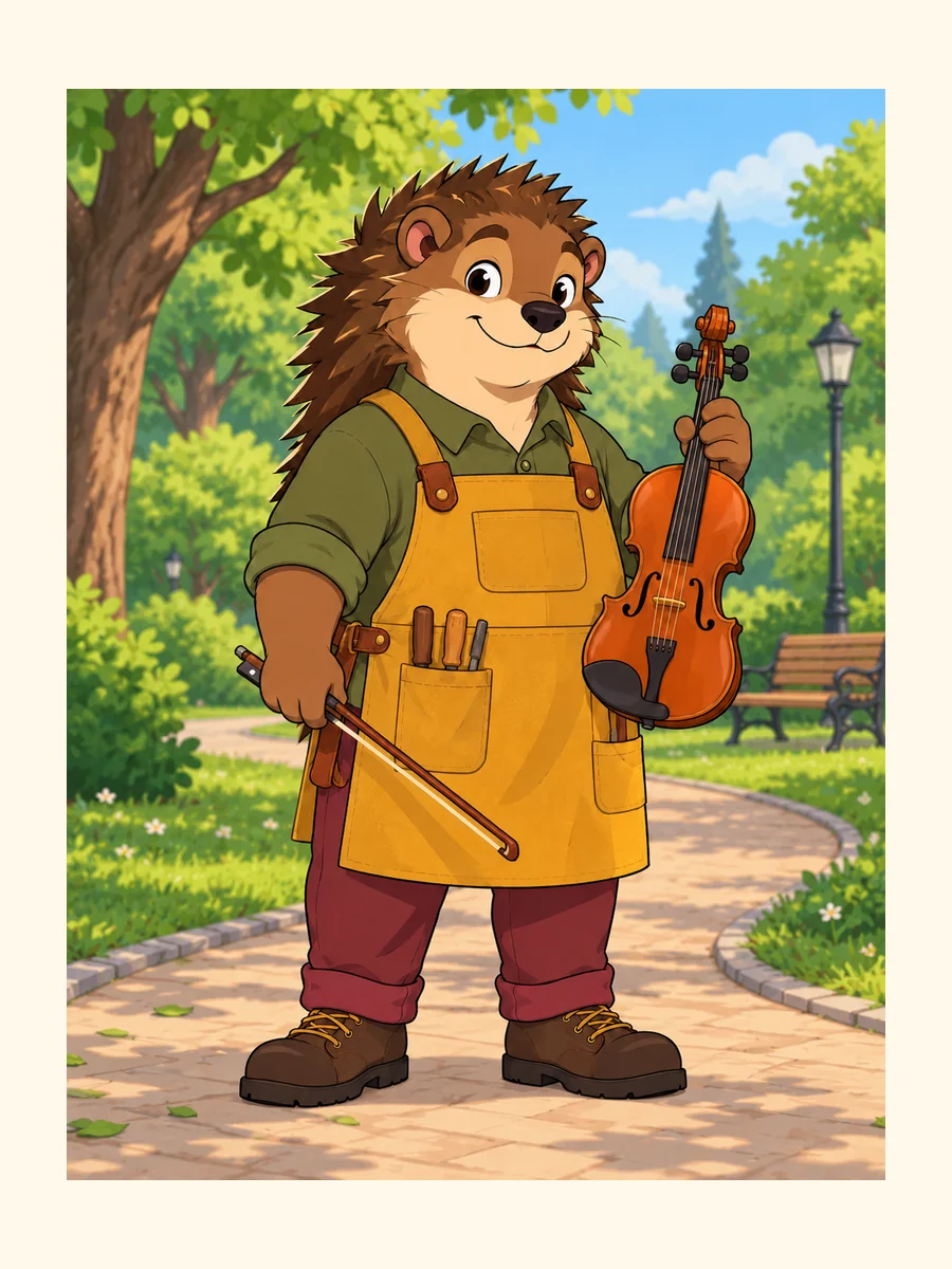 The same hedgehog violin maker in a park.