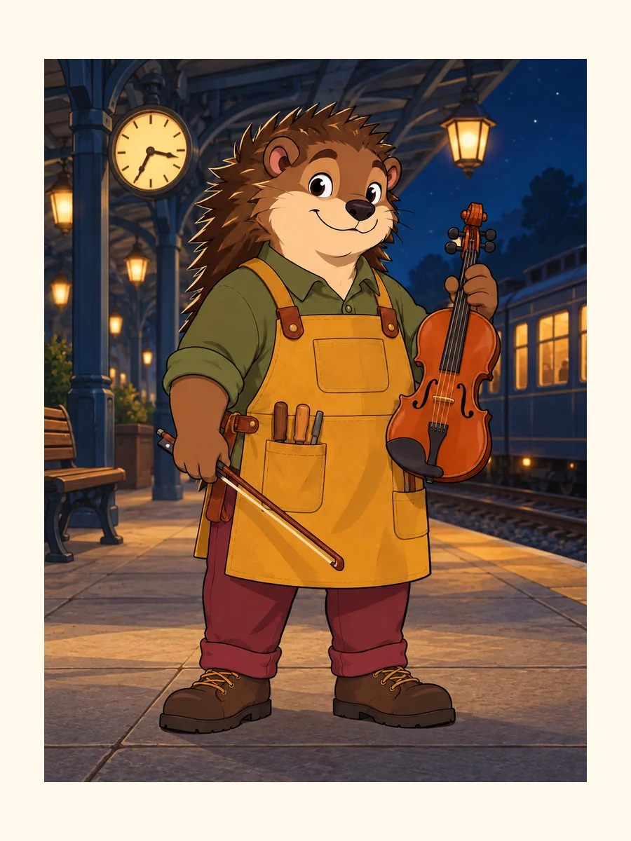 The same hedgehog violin maker at a night station.