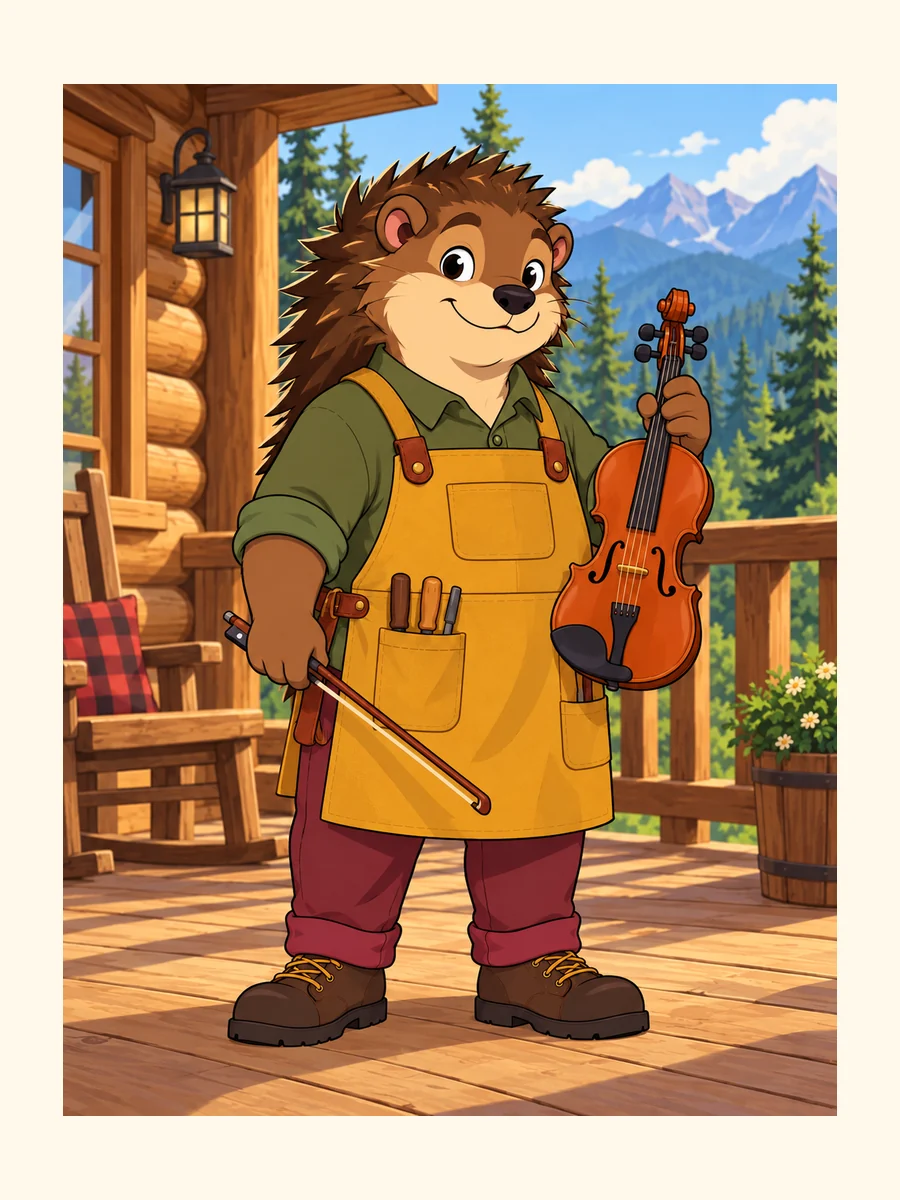 The same hedgehog violin maker at a mountain cabin.