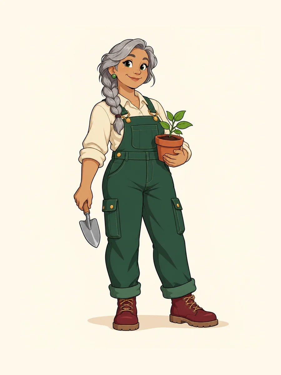 Gray-braided adult gardener in green overalls, flat cel cartoon direction.