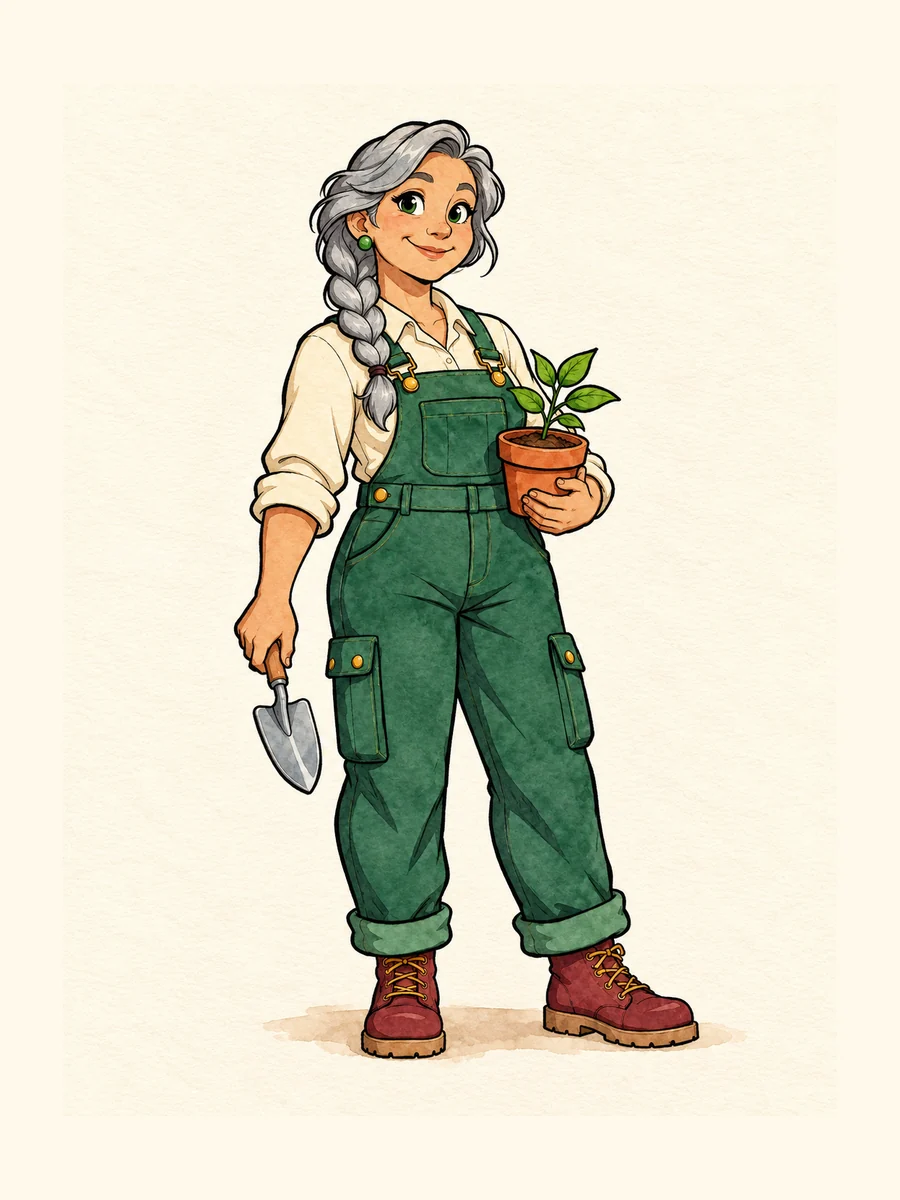 The same gray-braided gardener, graphic ink cartoon direction.