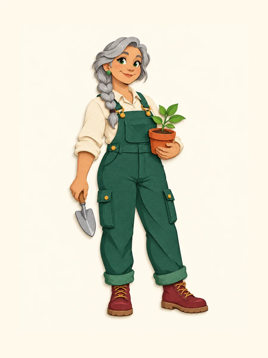 The same gray-braided gardener, layered cut-paper direction.