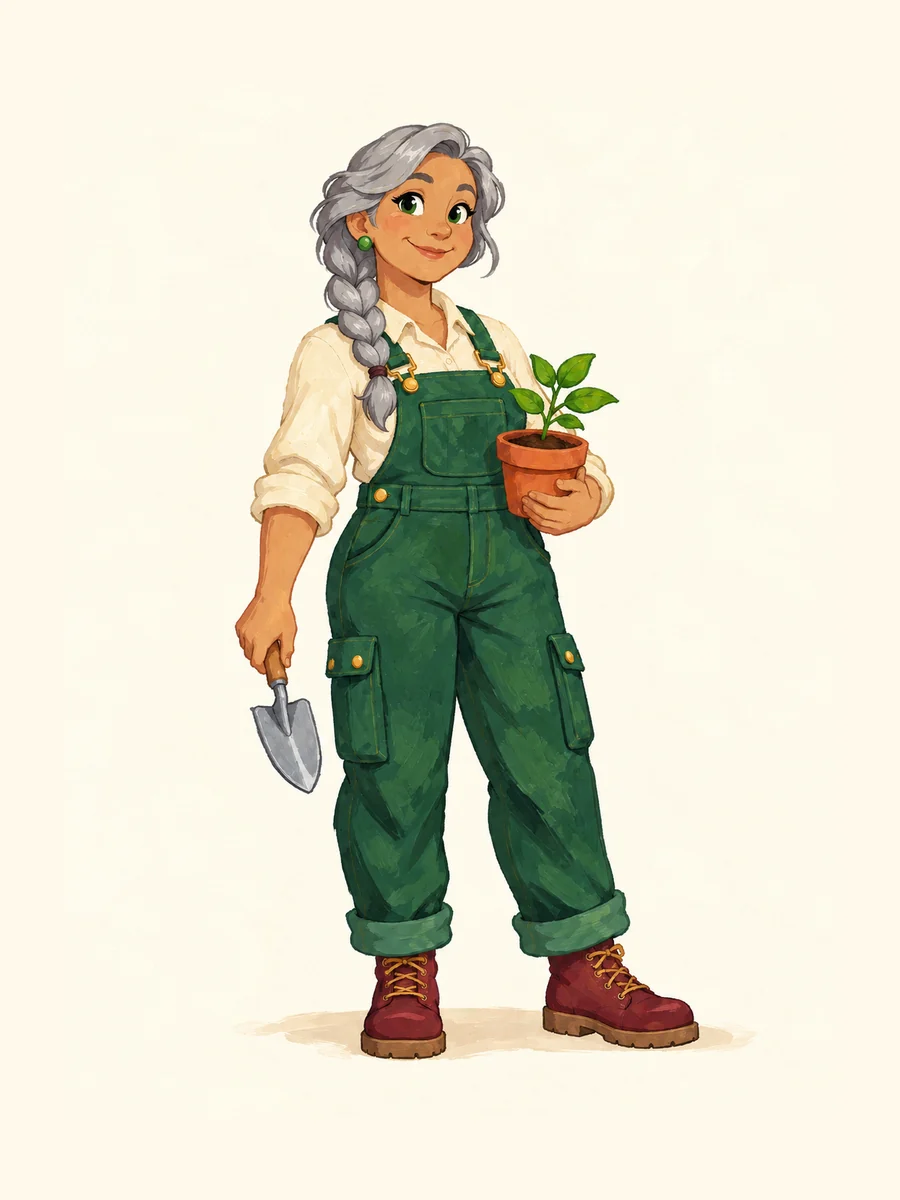 The same gray-braided gardener, warm gouache cartoon direction.