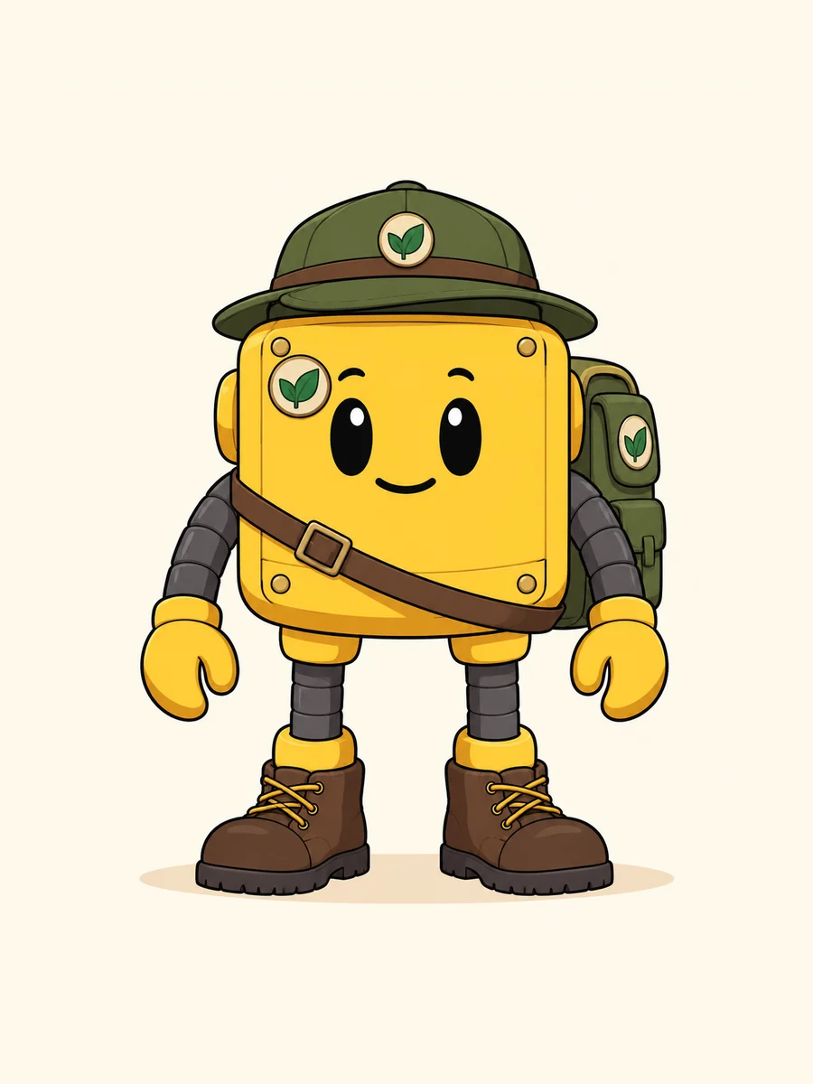 Yellow box-shaped robot park ranger, front reference view.