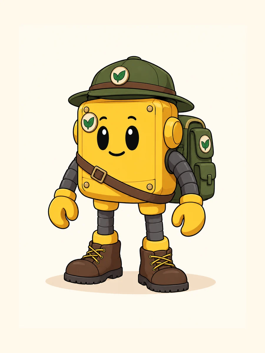 The same yellow robot park ranger, three-quarter reference view.