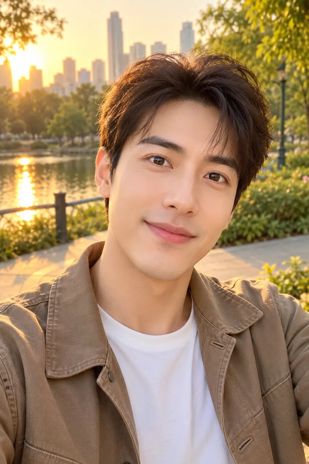 Synthetic beauty-filtered portrait of a man in a park