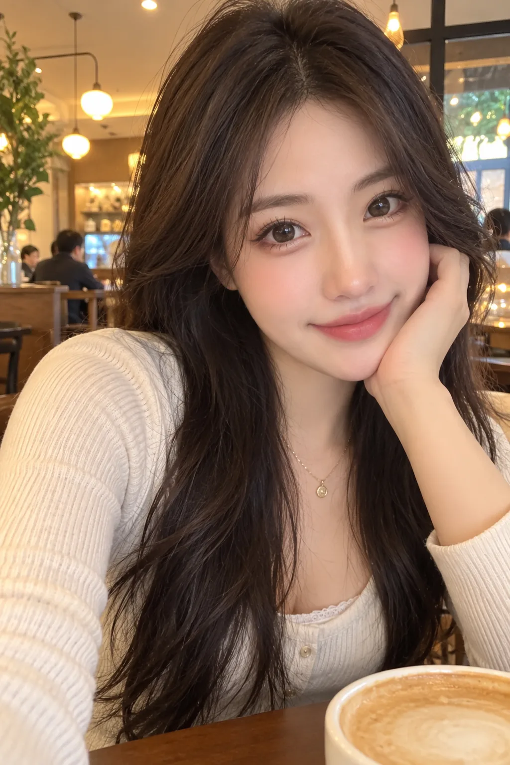 Synthetic beauty-filtered selfie of a woman in a cafe