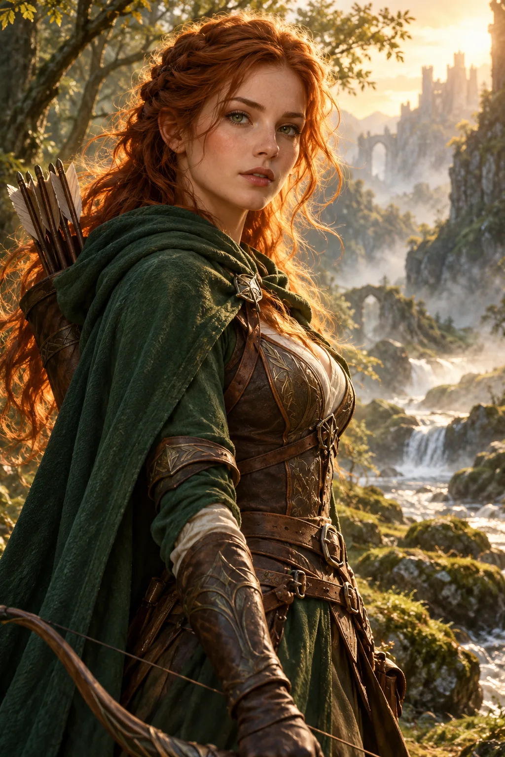 Original AI-generated portrait of a red-haired fantasy ranger