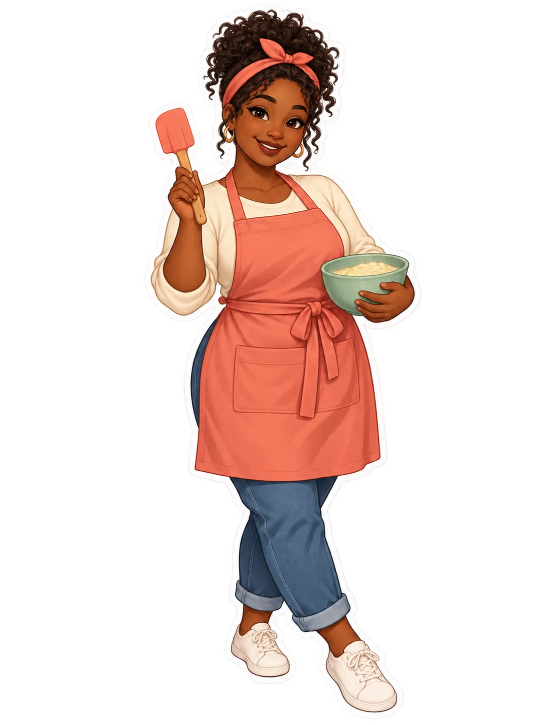 Prepared die-cut character reference sticker of a baker in a coral apron