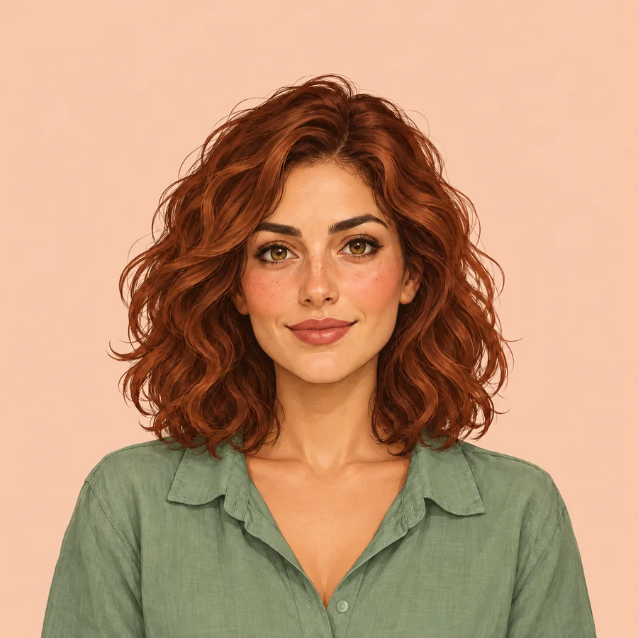 The same auburn-haired woman and sage blouse with only the background changed to peach