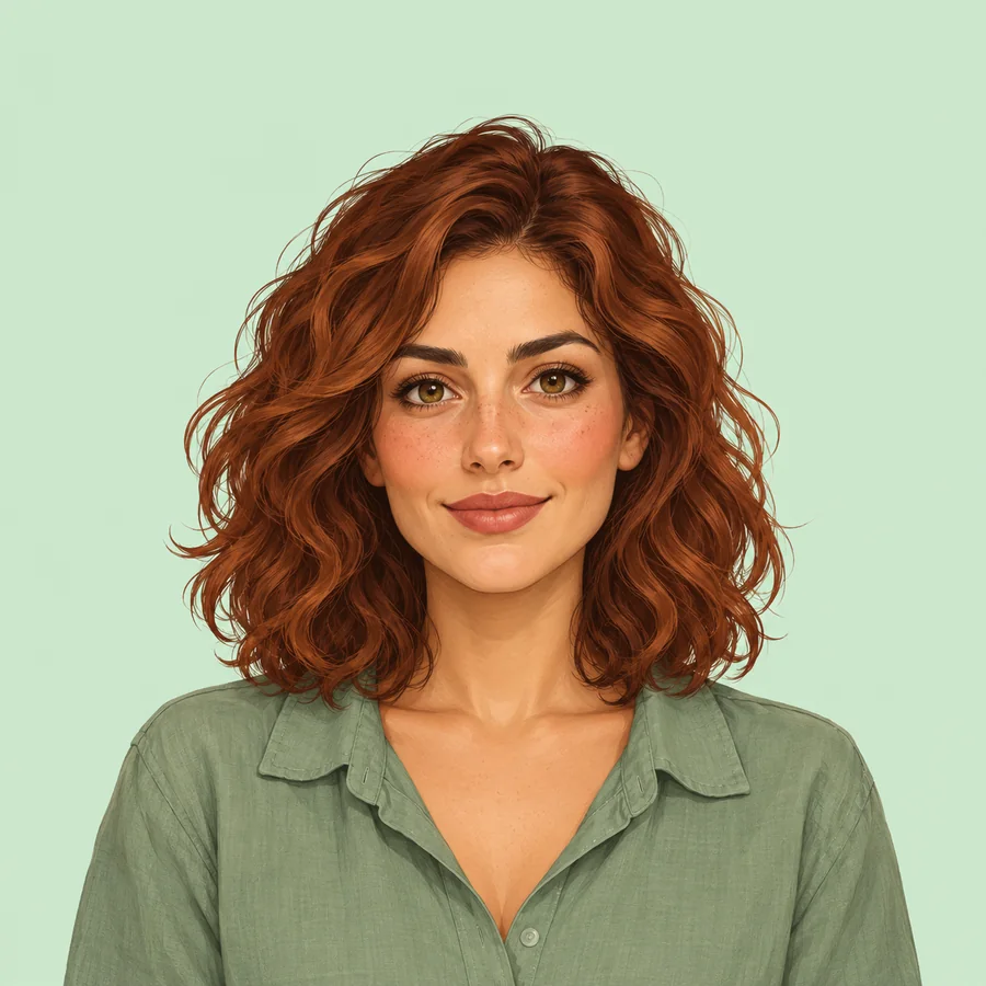 Illustrated adult woman with shoulder-length auburn curls and a sage blouse against mint