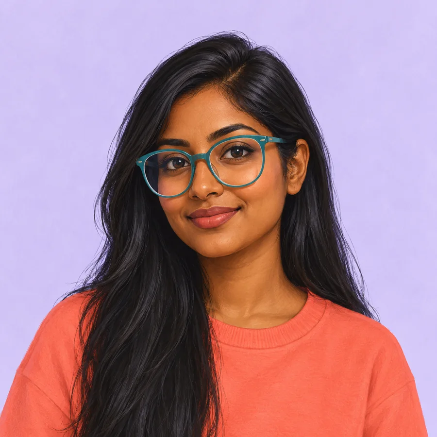Illustrated adult woman with long black hair, turquoise glasses and a coral crewneck on lavender